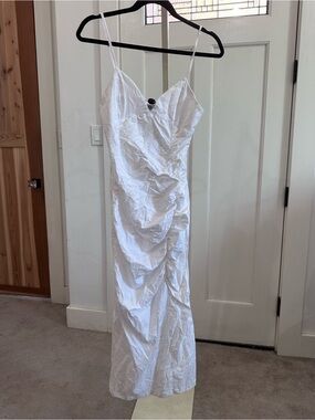 Zara White Ruched Spaghetti Strap Midi Slip Dress